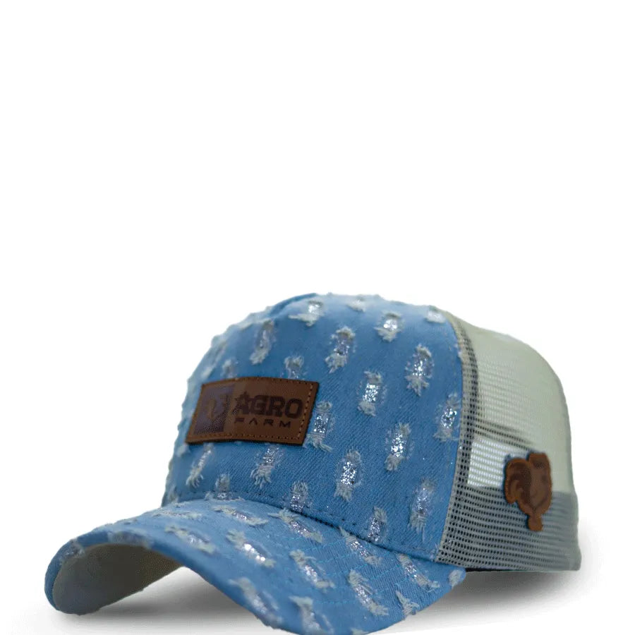 Boné Trucker Feminino Masculino Jeans Azul Rasgado